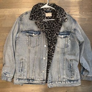 Free People Women’s Leopard Sherpa Lined Denim Jacket, Size Medium